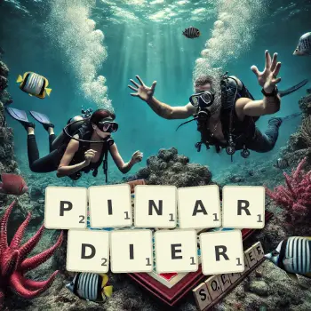 Illustration créative d'un jeu de lettres avec le mot PINARDIER épelé sur le plateau.