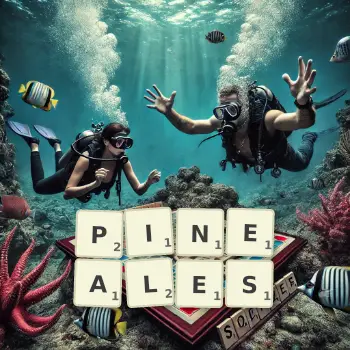 Illustration créative d'un jeu de lettres avec le mot PINEALES épelé sur le plateau.