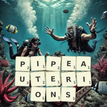 Illustration créative d'un jeu de lettres avec le mot PIPEAUTERIONS épelé sur le plateau.