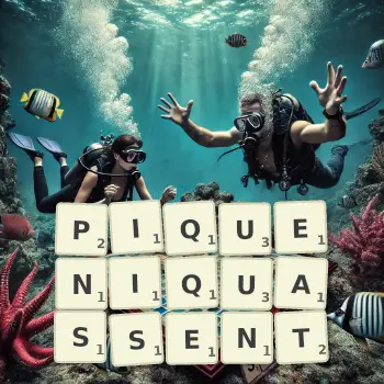 Illustration créative d'un jeu de lettres avec le mot PIQUENIQUASSENT épelé sur le plateau.