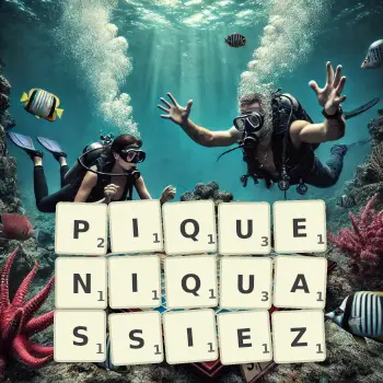 Illustration créative d'un jeu de lettres avec le mot PIQUENIQUASSIEZ épelé sur le plateau.