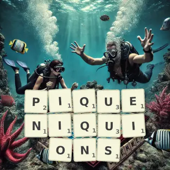 Illustration créative d'un jeu de lettres avec le mot PIQUENIQUIONS épelé sur le plateau.
