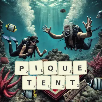 Illustration créative d'un jeu de lettres avec le mot PIQUETENT épelé sur le plateau.