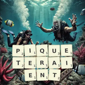 Illustration créative d'un jeu de lettres avec le mot PIQUETERAIENT épelé sur le plateau.
