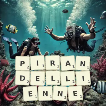 Illustration créative d'un jeu de lettres avec le mot PIRANDELLIENNE épelé sur le plateau.