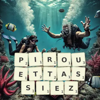 Illustration créative d'un jeu de lettres avec le mot PIROUETTASSIEZ épelé sur le plateau.