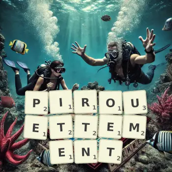Illustration créative d'un jeu de lettres avec le mot PIROUETTEMENT épelé sur le plateau.