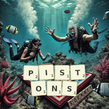 Illustration créative d'un jeu de lettres avec le mot PISTONS épelé sur le plateau.