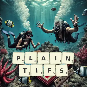 Illustration créative d'un jeu de lettres avec le mot PLAINTIFS épelé sur le plateau.