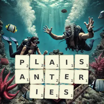 Illustration créative d'un jeu de lettres avec le mot PLAISANTERIES épelé sur le plateau.