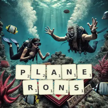 Illustration créative d'un jeu de lettres avec le mot PLANERONS épelé sur le plateau.
