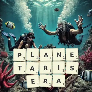 Illustration créative d'un jeu de lettres avec le mot PLANETARISERA épelé sur le plateau.