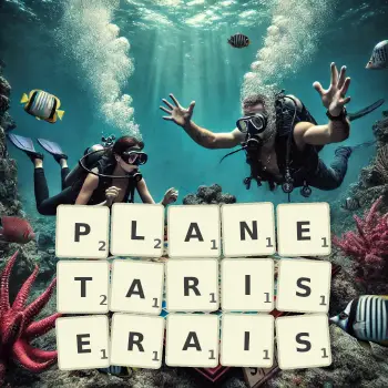 Illustration créative d'un jeu de lettres avec le mot PLANETARISERAIS épelé sur le plateau.
