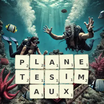 Illustration créative d'un jeu de lettres avec le mot PLANETESIMAUX épelé sur le plateau.