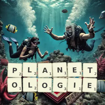 Illustration créative d'un jeu de lettres avec le mot PLANETOLOGIE épelé sur le plateau.