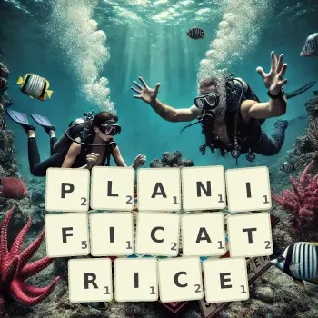 Illustration créative d'un jeu de lettres avec le mot PLANIFICATRICE épelé sur le plateau.