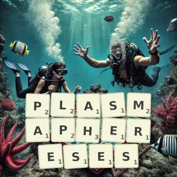 Illustration créative d'un jeu de lettres avec le mot PLASMAPHERESES épelé sur le plateau.