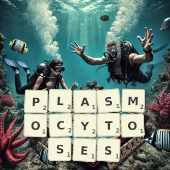 Illustration créative d'un jeu de lettres avec le mot PLASMOCYTOSES épelé sur le plateau.