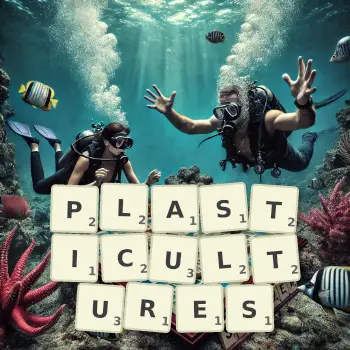 Illustration créative d'un jeu de lettres avec le mot PLASTICULTURES épelé sur le plateau.