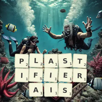 Illustration créative d'un jeu de lettres avec le mot PLASTIFIERAIS épelé sur le plateau.