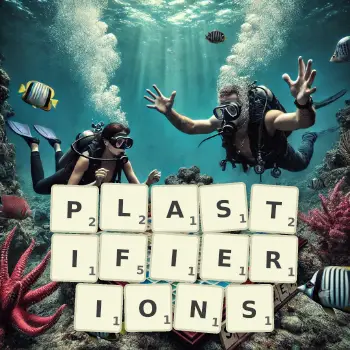Illustration créative d'un jeu de lettres avec le mot PLASTIFIERIONS épelé sur le plateau.