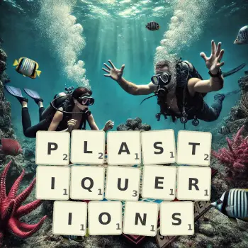 Illustration créative d'un jeu de lettres avec le mot PLASTIQUERIONS épelé sur le plateau.