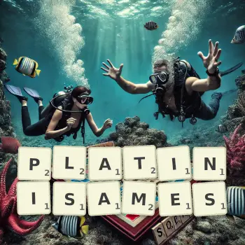 Illustration créative d'un jeu de lettres avec le mot PLATINISAMES épelé sur le plateau.