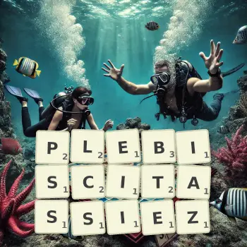 Illustration créative d'un jeu de lettres avec le mot PLEBISCITASSIEZ épelé sur le plateau.