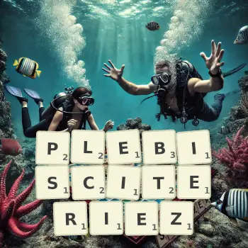 Illustration créative d'un jeu de lettres avec le mot PLEBISCITERIEZ épelé sur le plateau.