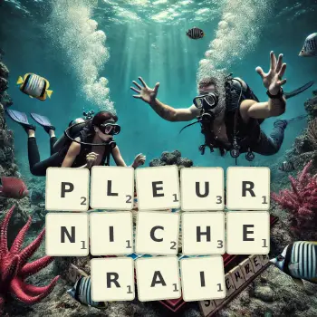 Illustration créative d'un jeu de lettres avec le mot PLEURNICHERAI épelé sur le plateau.