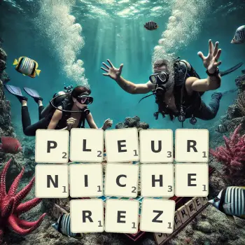 Illustration créative d'un jeu de lettres avec le mot PLEURNICHEREZ épelé sur le plateau.