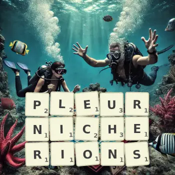 Illustration créative d'un jeu de lettres avec le mot PLEURNICHERIONS épelé sur le plateau.