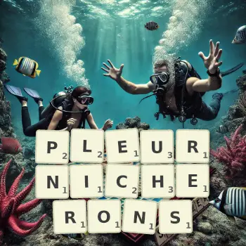 Illustration créative d'un jeu de lettres avec le mot PLEURNICHERONS épelé sur le plateau.