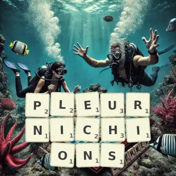 Illustration créative d'un jeu de lettres avec le mot PLEURNICHIONS épelé sur le plateau.