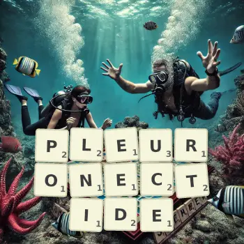 Illustration créative d'un jeu de lettres avec le mot PLEURONECTIDE épelé sur le plateau.