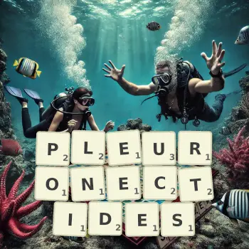 Illustration créative d'un jeu de lettres avec le mot PLEURONECTIDES épelé sur le plateau.