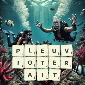 Illustration créative d'un jeu de lettres avec le mot PLEUVIOTERAIT épelé sur le plateau.