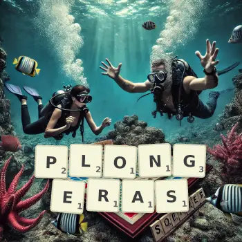 Illustration créative d'un jeu de lettres avec le mot PLONGERAS épelé sur le plateau.