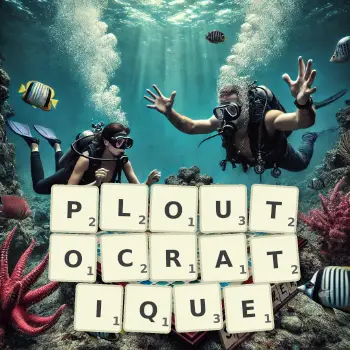 Illustration créative d'un jeu de lettres avec le mot PLOUTOCRATIQUE épelé sur le plateau.