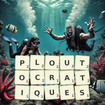 Illustration créative d'un jeu de lettres avec le mot PLOUTOCRATIQUES épelé sur le plateau.
