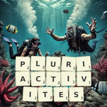 Illustration créative d'un jeu de lettres avec le mot PLURIACTIVITES épelé sur le plateau.