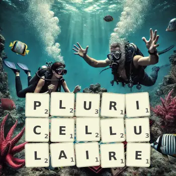 Illustration créative d'un jeu de lettres avec le mot PLURICELLULAIRE épelé sur le plateau.