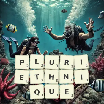Illustration créative d'un jeu de lettres avec le mot PLURIETHNIQUE épelé sur le plateau.