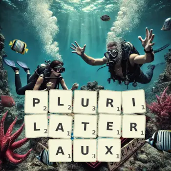 Illustration créative d'un jeu de lettres avec le mot PLURILATERAUX épelé sur le plateau.
