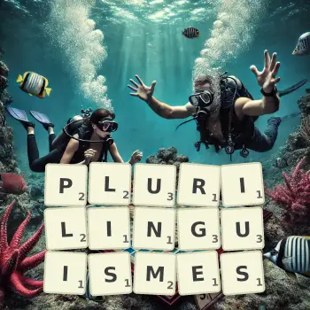 Illustration créative d'un jeu de lettres avec le mot PLURILINGUISMES épelé sur le plateau.