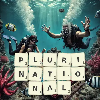 Illustration créative d'un jeu de lettres avec le mot PLURINATIONAL épelé sur le plateau.