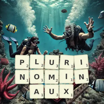 Illustration créative d'un jeu de lettres avec le mot PLURINOMINAUX épelé sur le plateau.