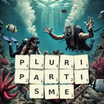 Illustration créative d'un jeu de lettres avec le mot PLURIPARTISME épelé sur le plateau.