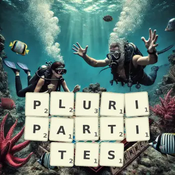 Illustration créative d'un jeu de lettres avec le mot PLURIPARTITES épelé sur le plateau.