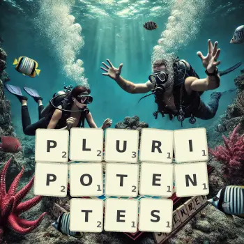 Illustration créative d'un jeu de lettres avec le mot PLURIPOTENTES épelé sur le plateau.